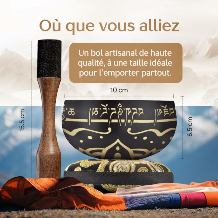 Ensemble de bols chantants tibétains gravés – Bol sonore + coussin + maillet – Image 5