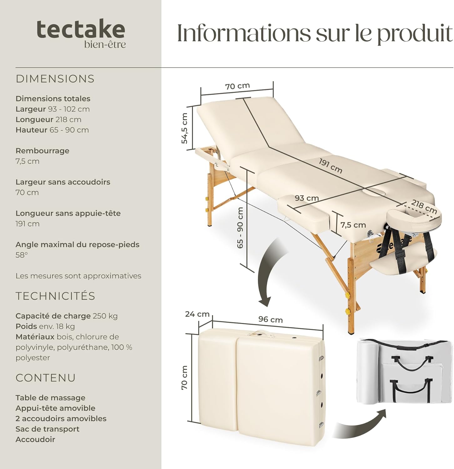 Table de massage pliante avec rembourrage épais, esthétique & ergonomique crème — Boutique Anderias